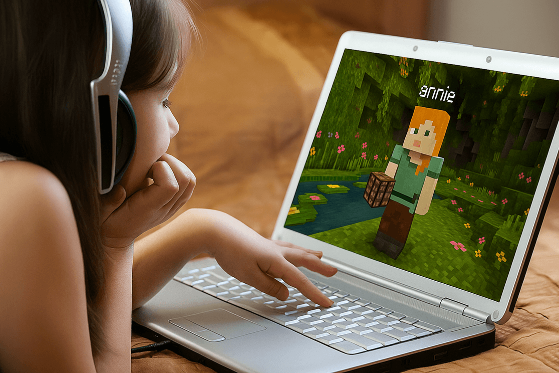 Child learning English on laptop