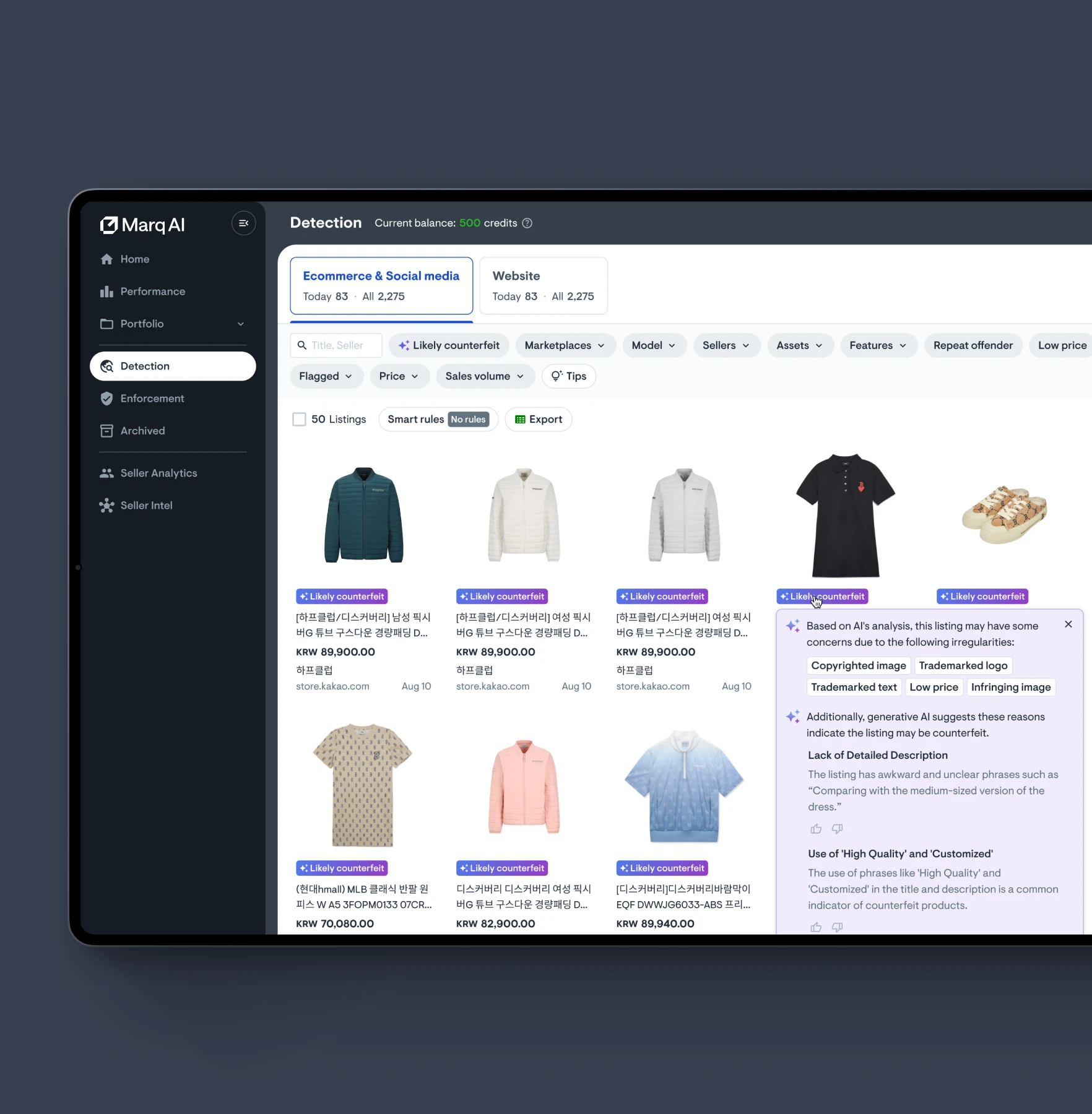 MarqVision Dashboard showing counterfeit detection
