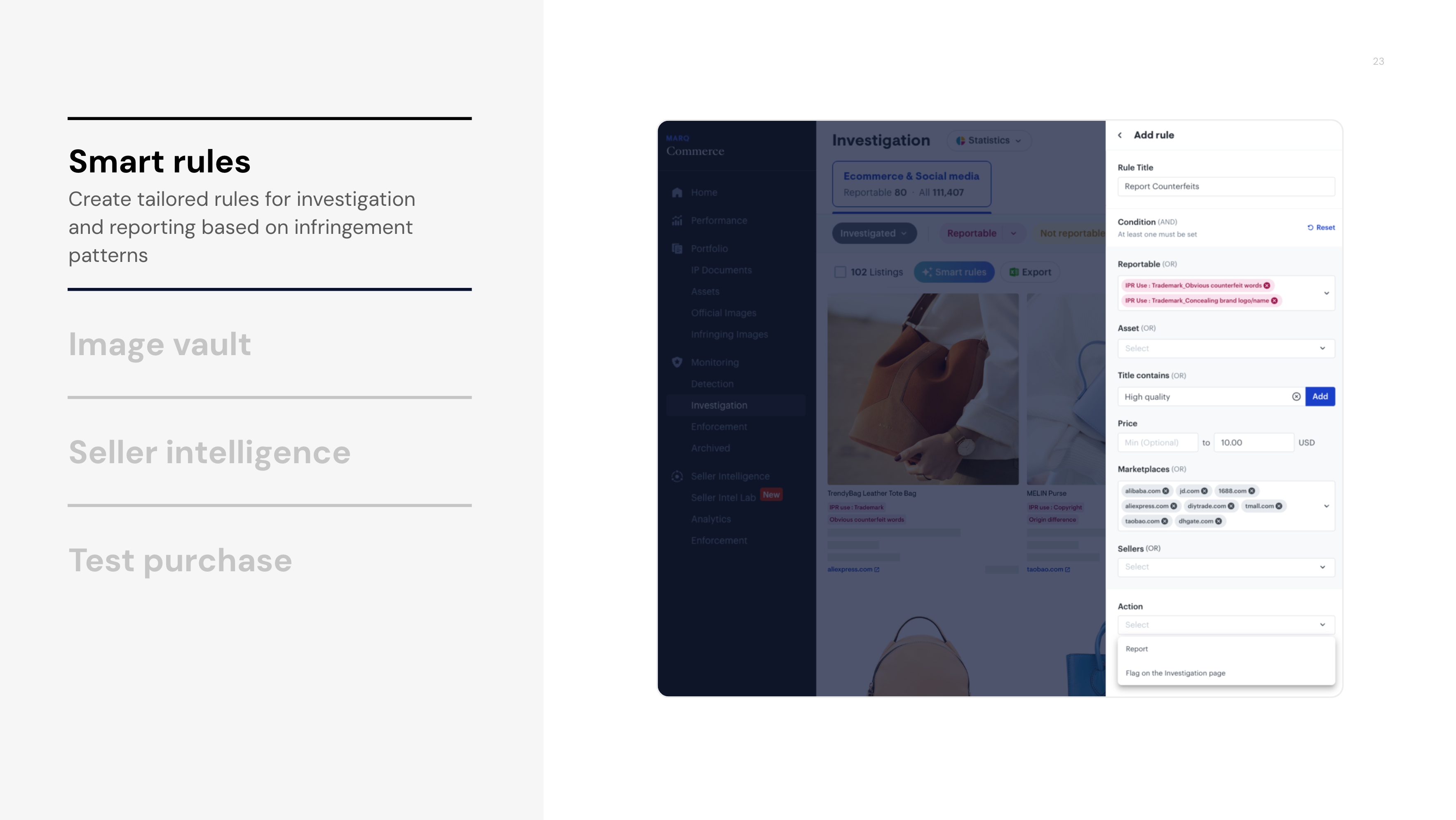 Brand protection dashboard showing bulk takedown and automation