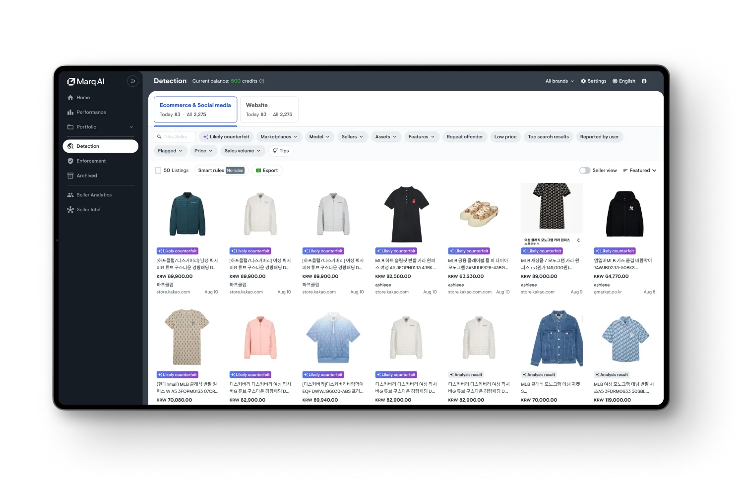 Brand protection dashboard showing social media marketplace detections