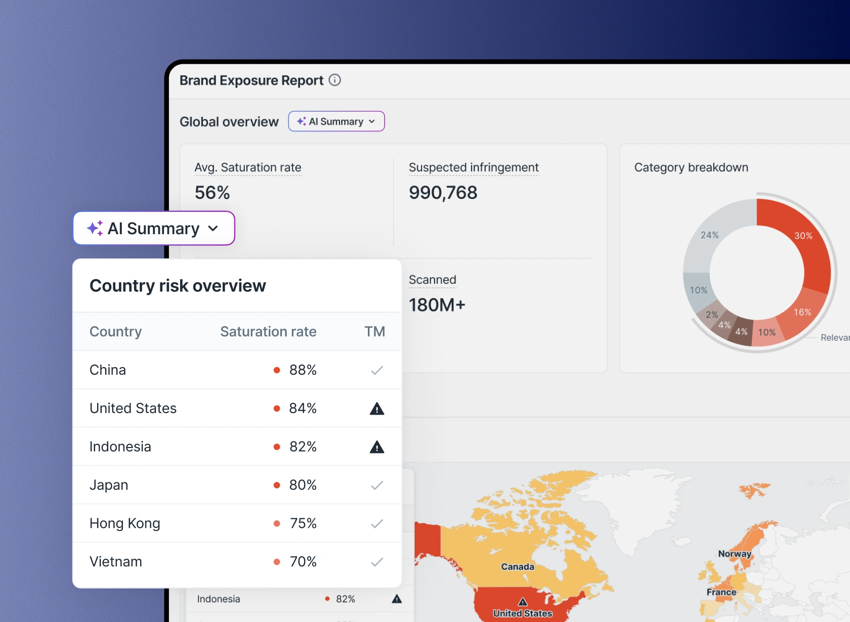 MarqVision Dashboard showing global enforcement map